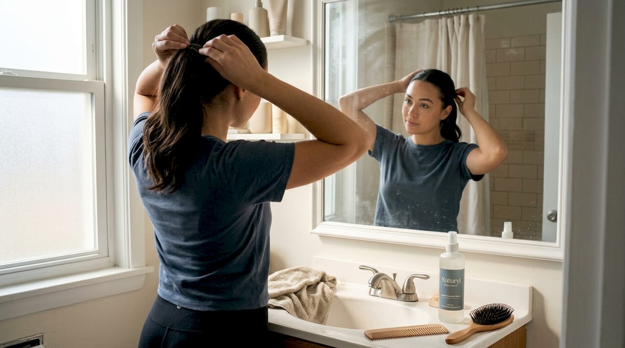 Woman easily installing clip-in ponytail at home