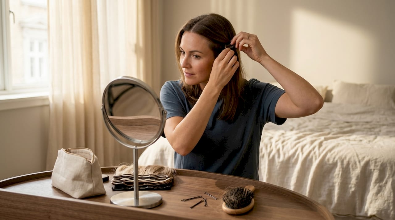 Woman attaching hair extensions at vanity