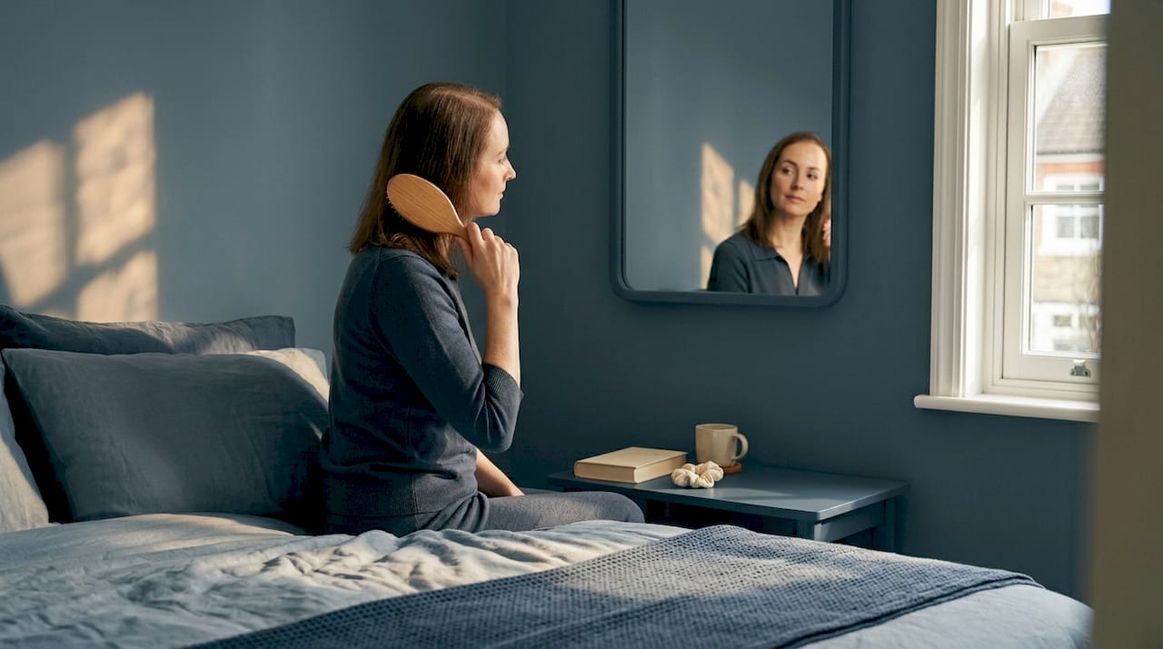 Woman brushing thinning hair in bright bedroom