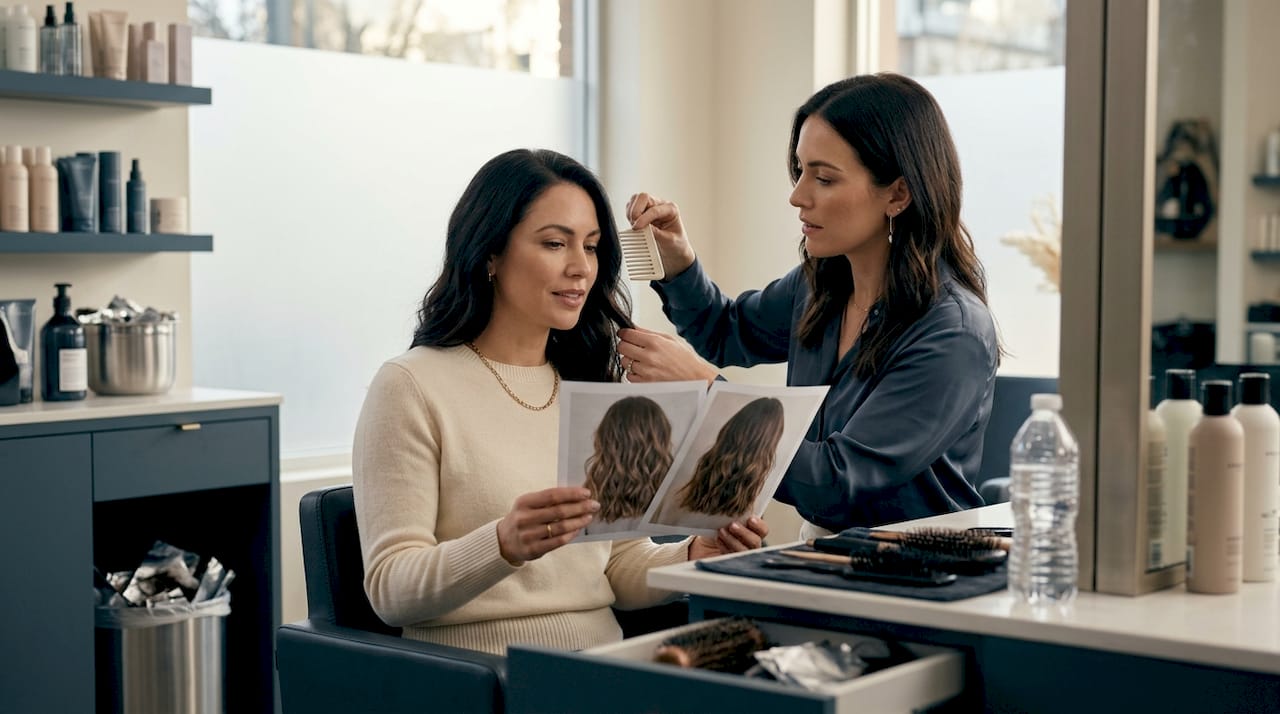 Hair extension consultation in city salon