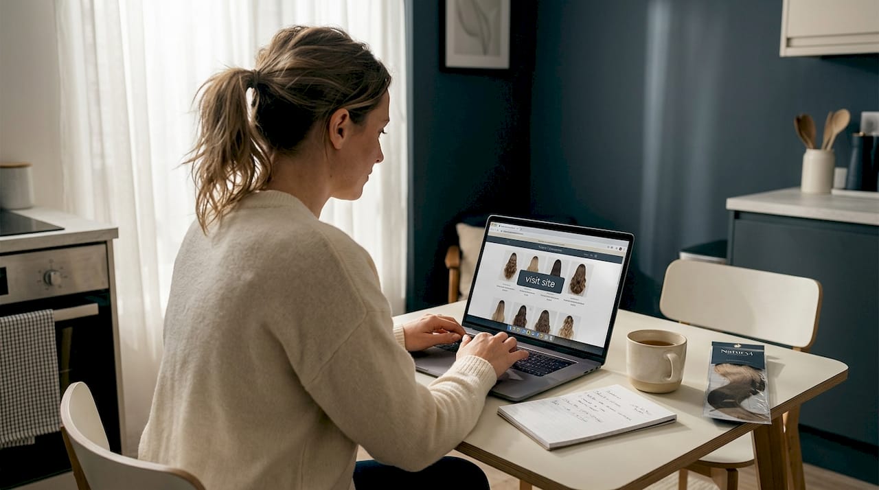 Woman choosing hair extensions at kitchen table