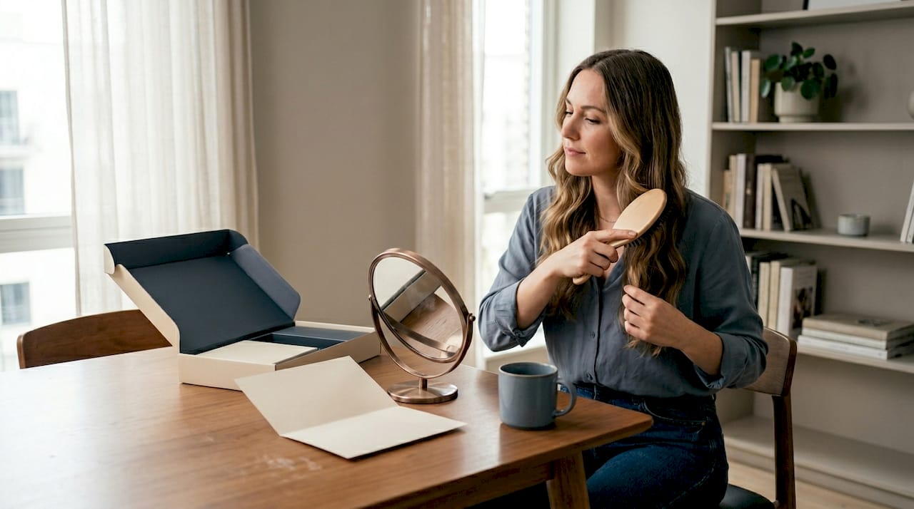 Woman fitting invisible wire extensions at home