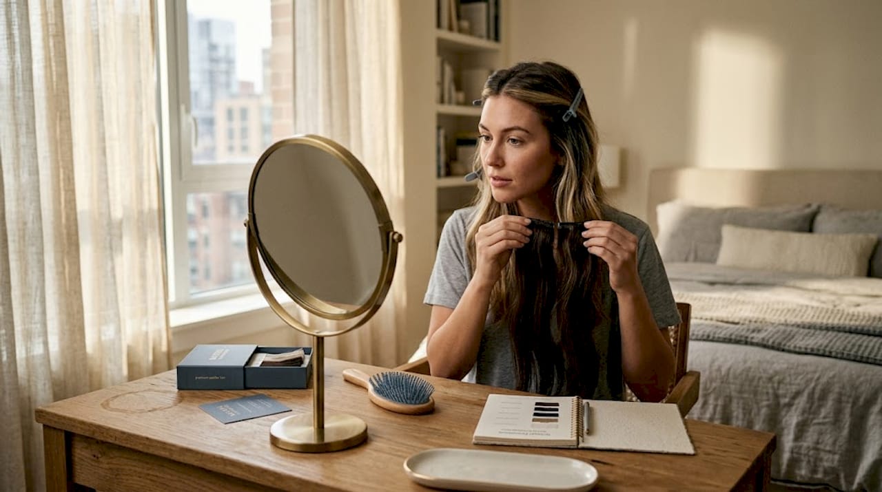 Woman comparing hair extensions at home vanity