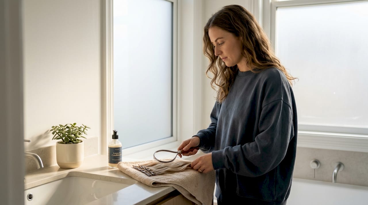 Woman preparing hair extensions for styling
