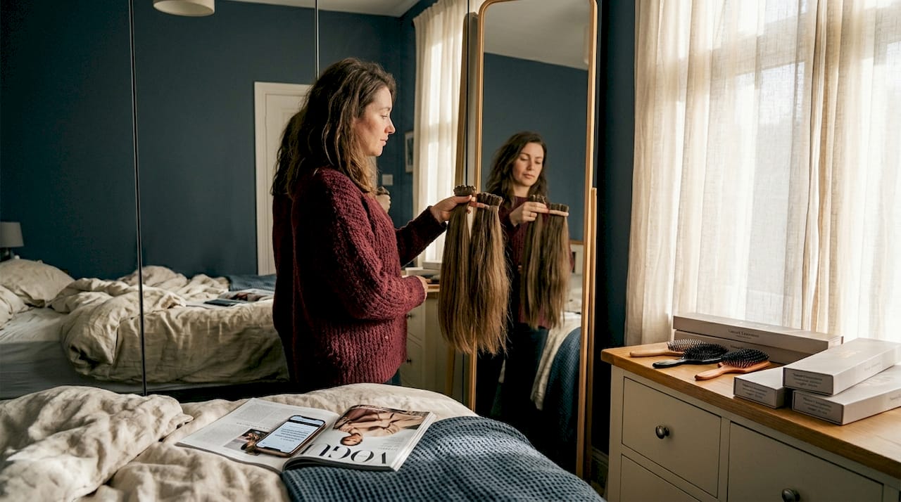 Woman comparing two types of hair extensions