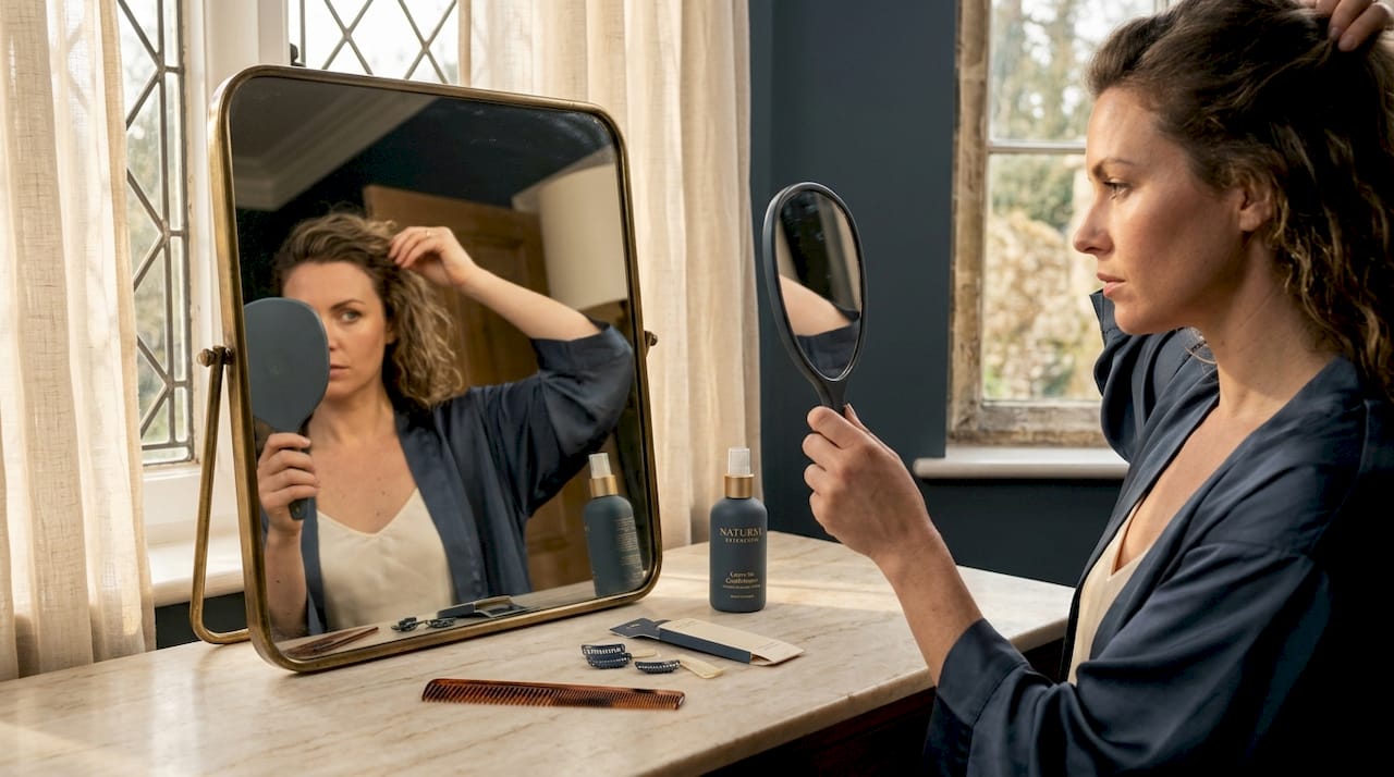 Woman applies and blends hair extensions at bathroom mirror