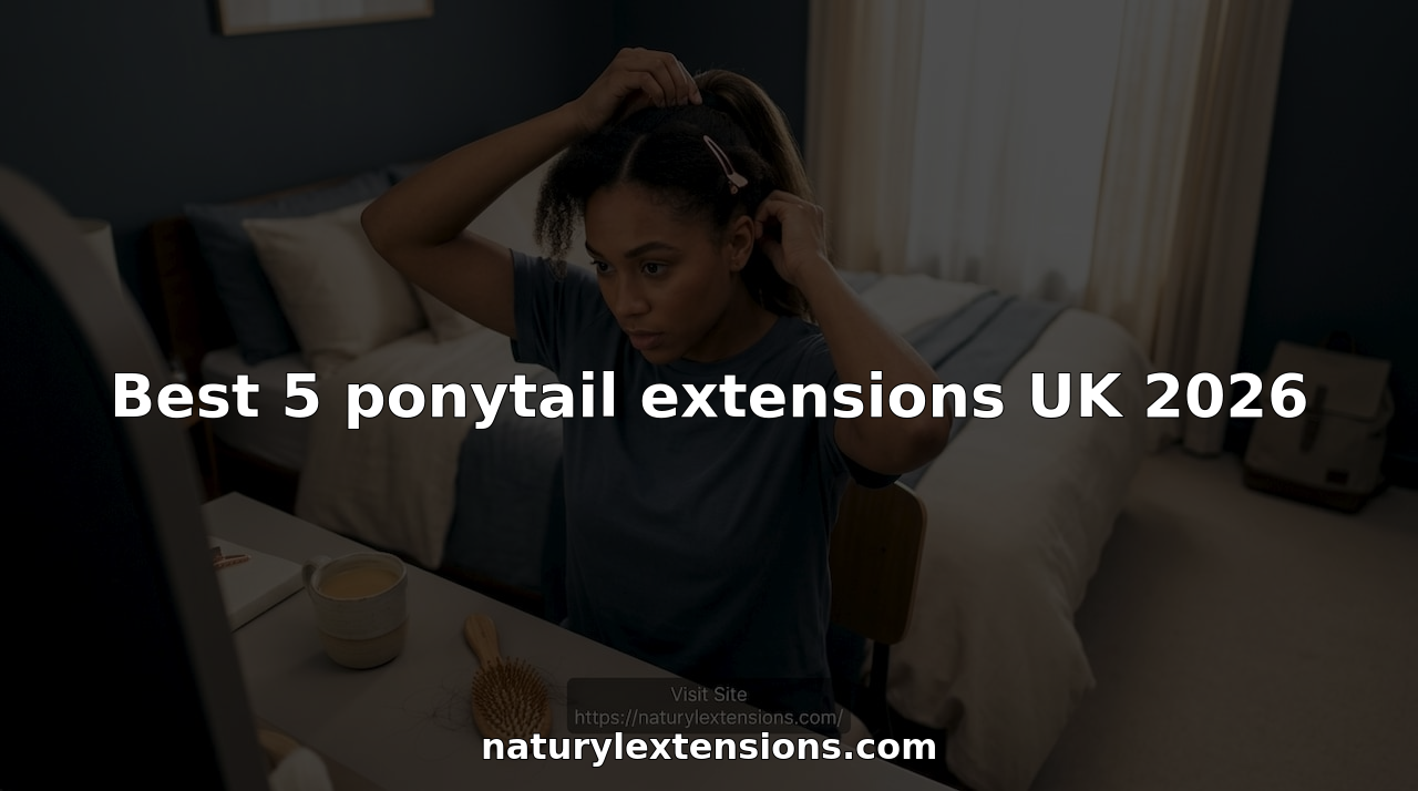 Woman applies ponytail extension at bedroom vanity