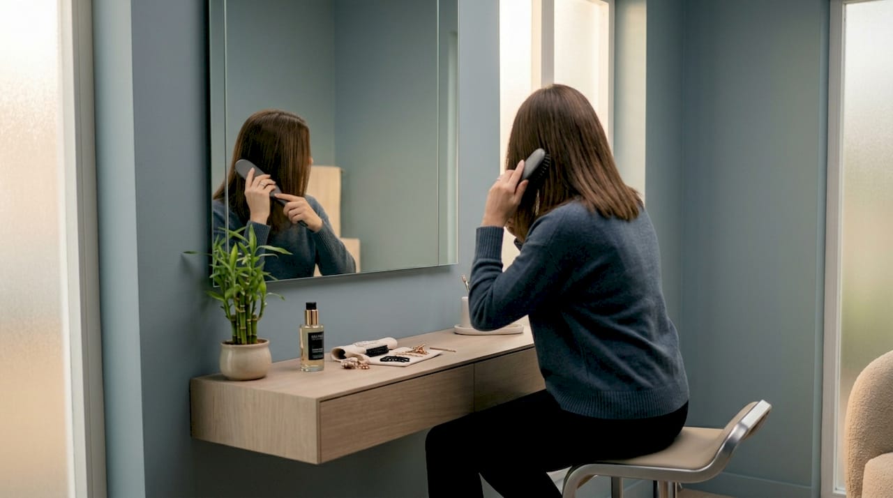 Woman blending extensions in bedroom mirror