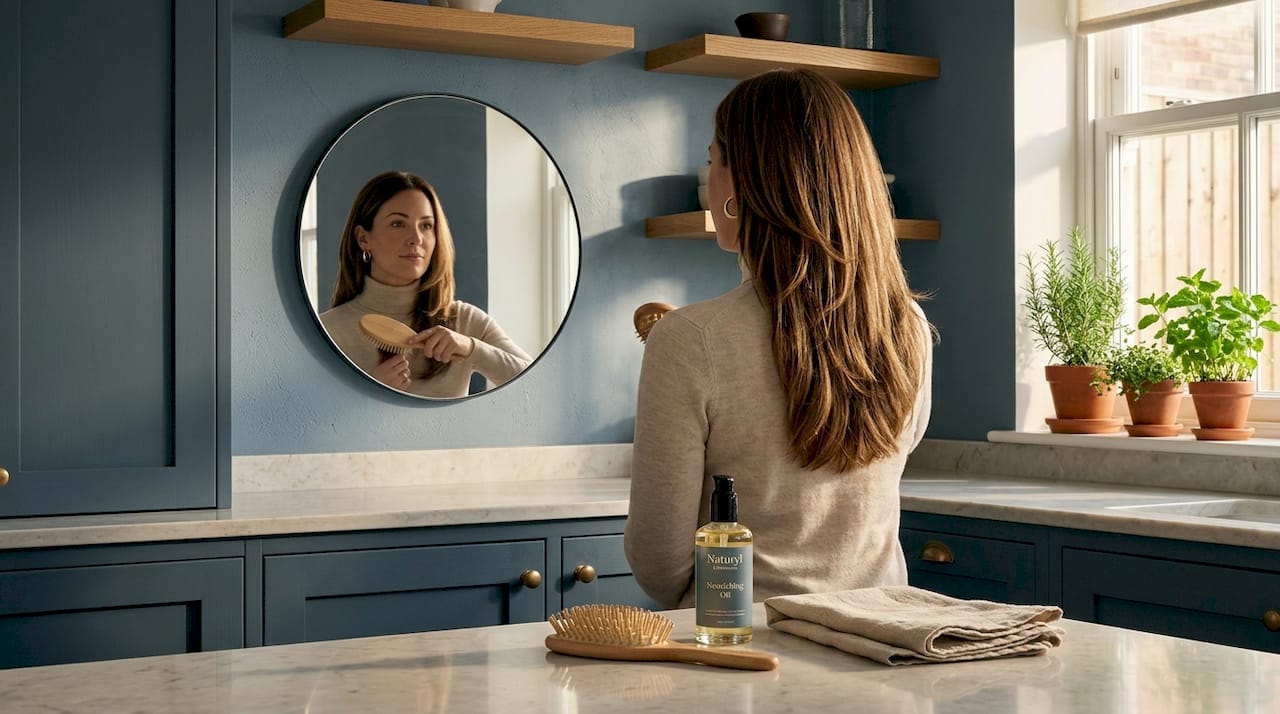 Woman brushing hair extensions in bathroom