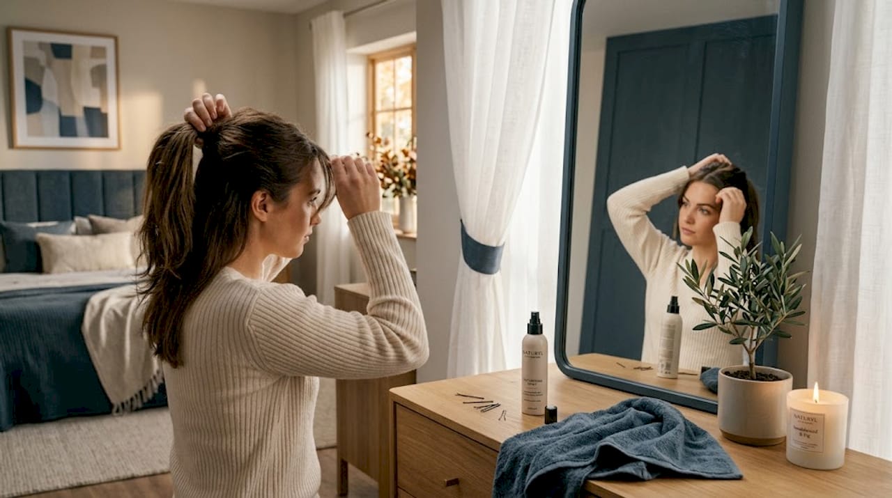 Woman installs messy ponytail extension in bathroom