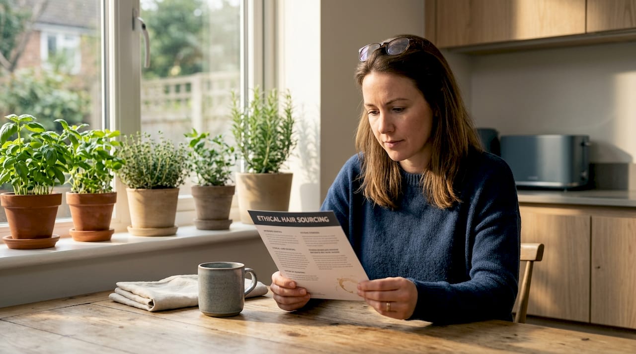 Woman reading ethical hair sourcing leaflet