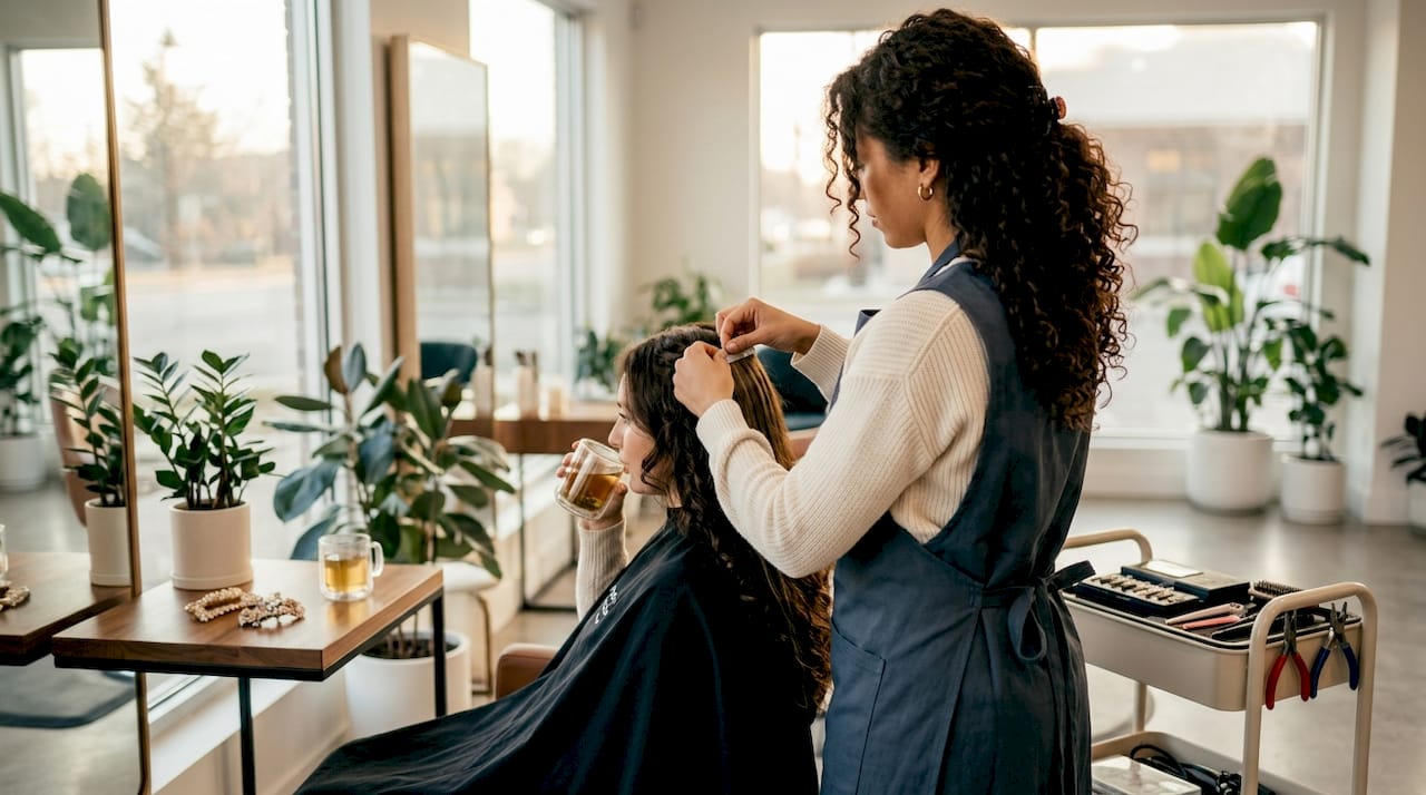 Stylist installing hair extensions in salon
