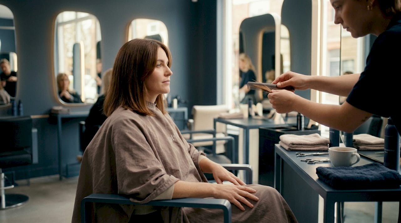 Woman styled with face-framing layers at salon
