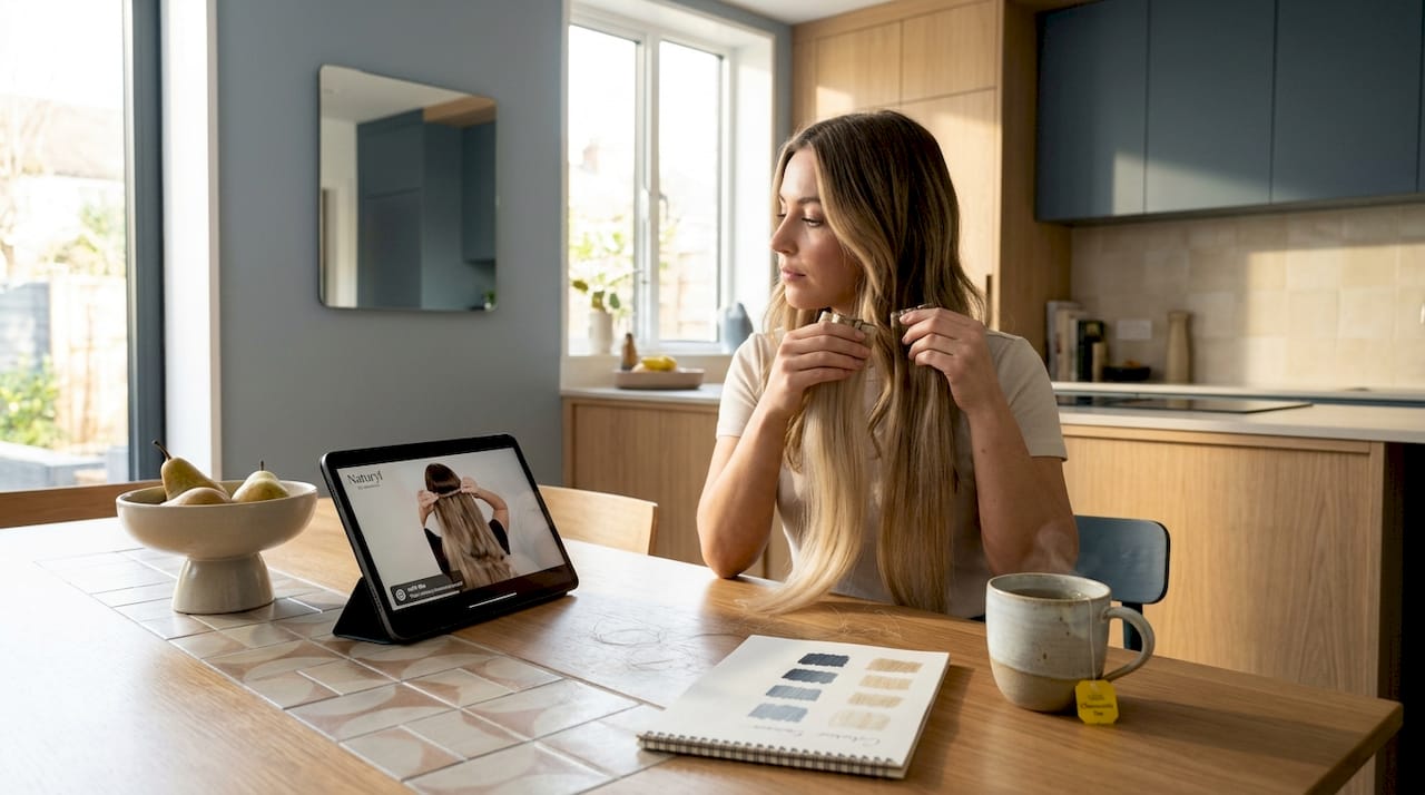 Woman matching hair extensions at home table