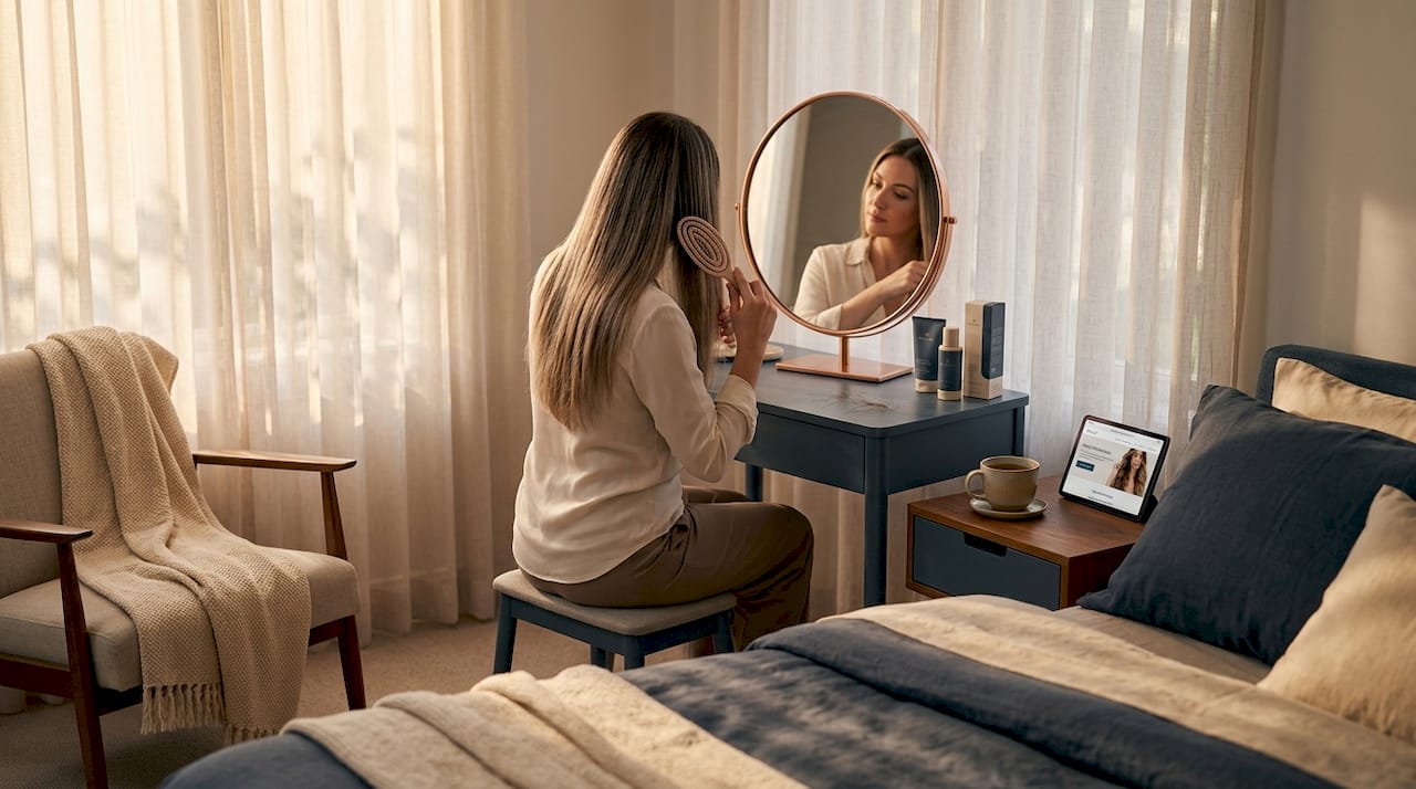 Woman brushing extensions in sunlit bedroom