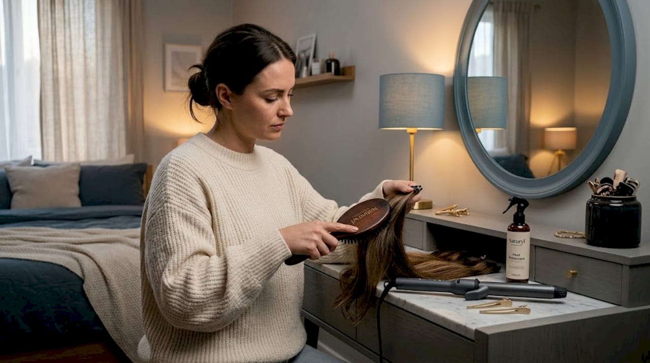 Woman preparing to curl hair extensions at home