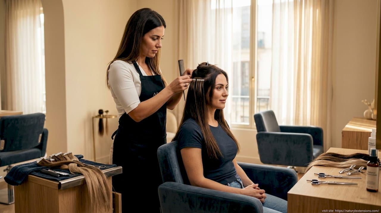Hairstylist applying hair extensions in salon