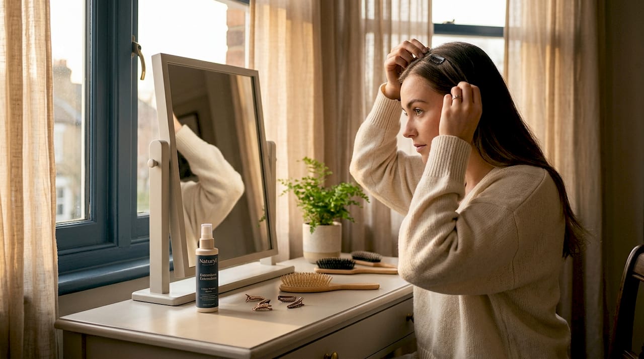 Woman installing quick hair extensions at home