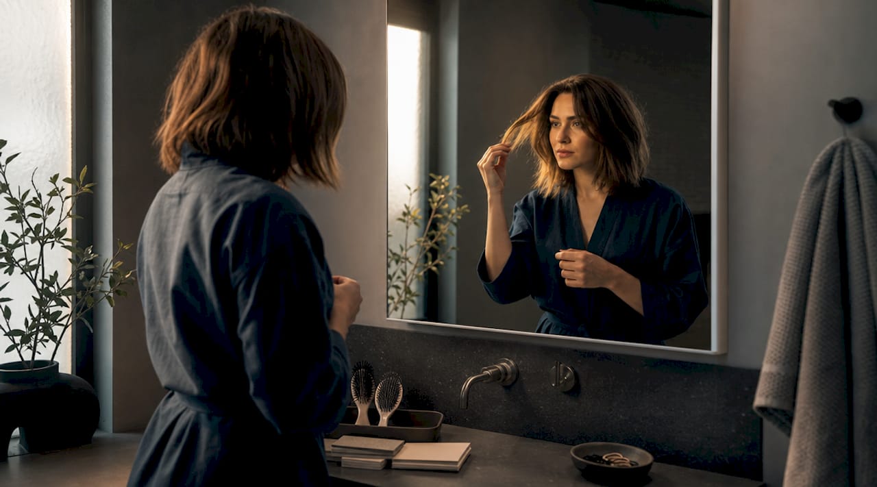Woman examining hair length in mirror