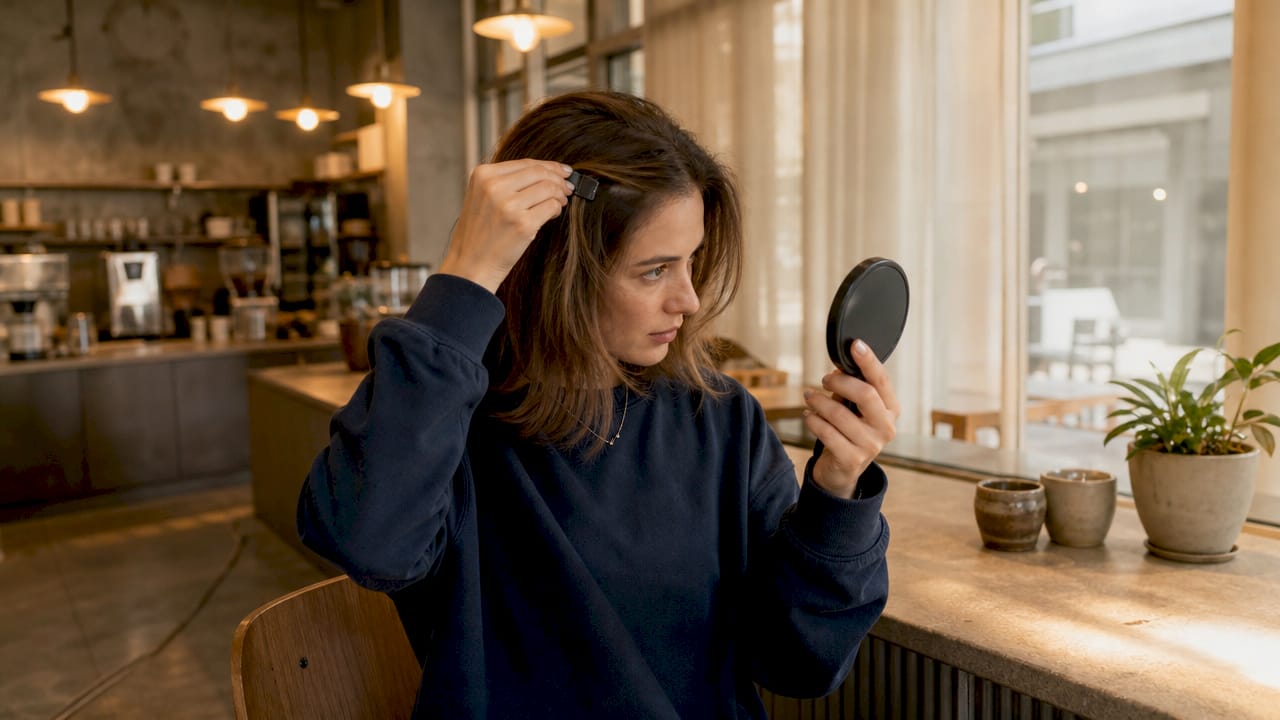 Woman applying fast hair extension in bathroom