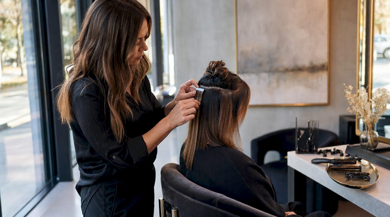 Hair stylist applying salon extensions on client