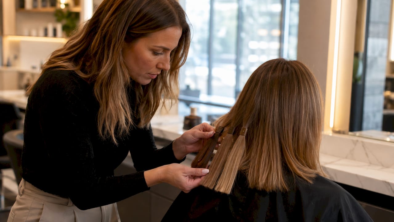Hairstylist matching hair extensions to natural hair
