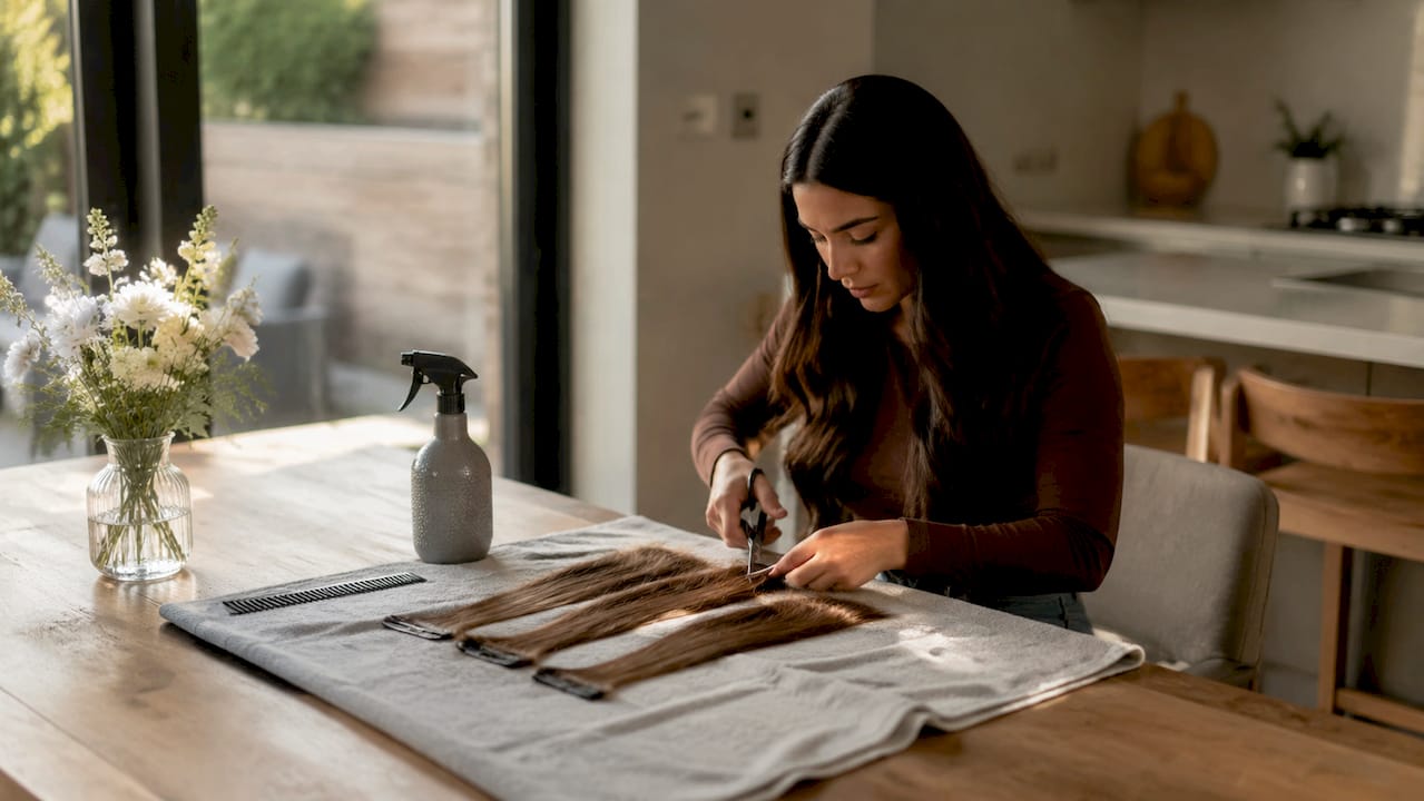 Woman trimming human hair extensions at home