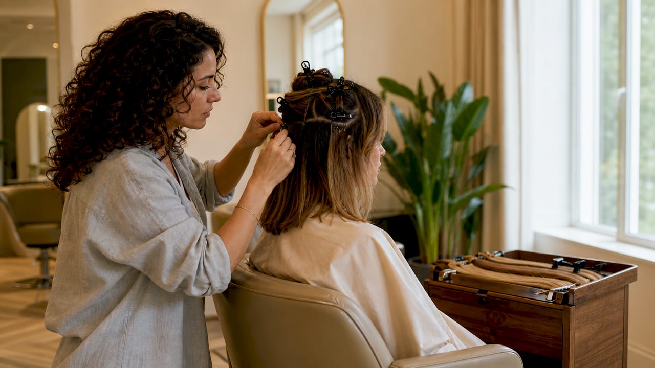 Stylist fitting hair extensions on client in salon