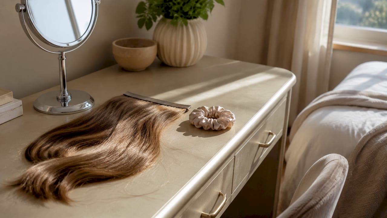 Halo hair extensions on vanity table