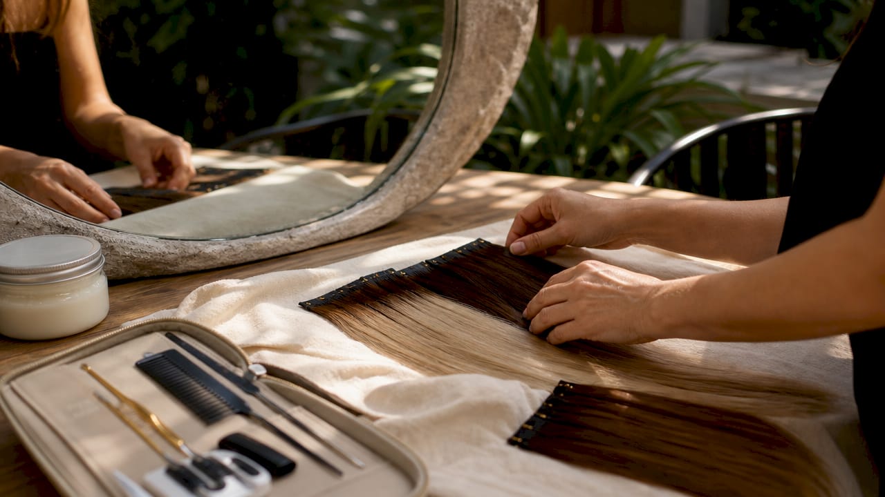 Hands preparing hair extensions at salon table