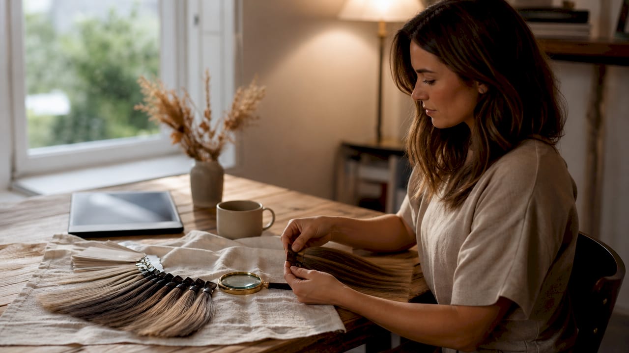 Hands comparing hair extension swatch with natural hair
