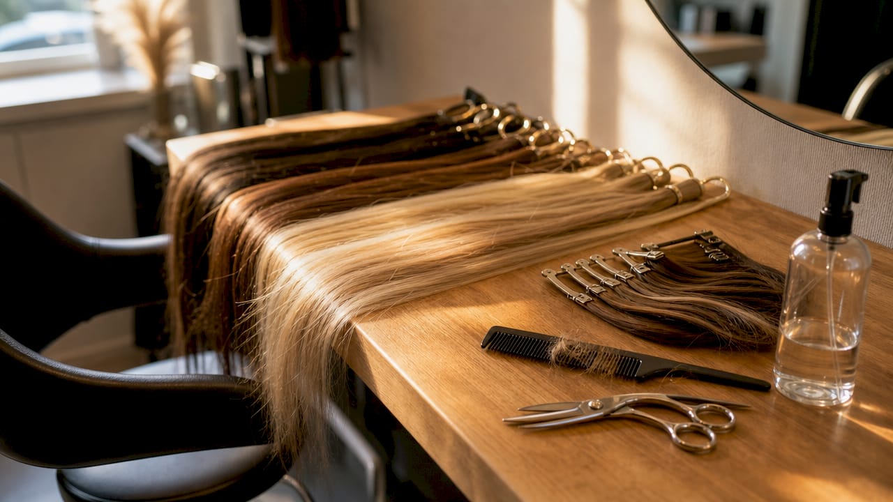 Close-up of minimal upkeep hair extension tools