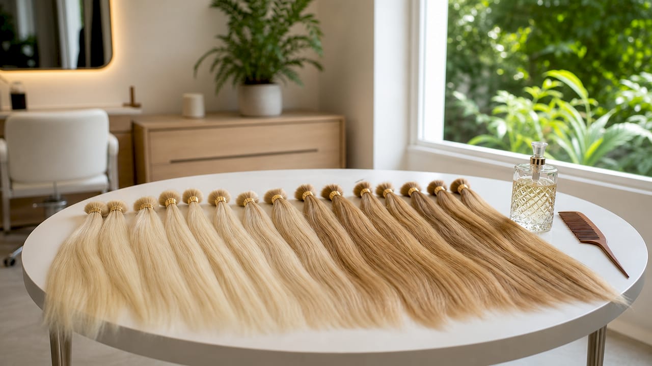Close-up of blonde hair extensions and styling tools