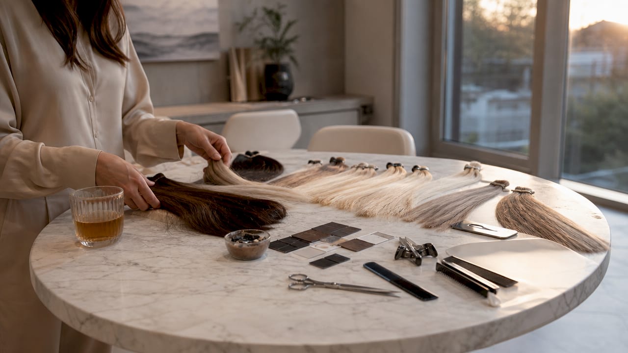 Close-up of hair stylist hands comparing hair extensions