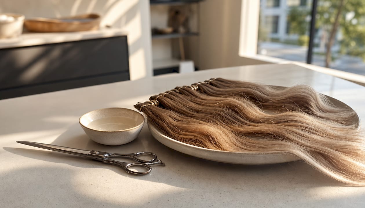 Close-up of hair extension tools and wefts