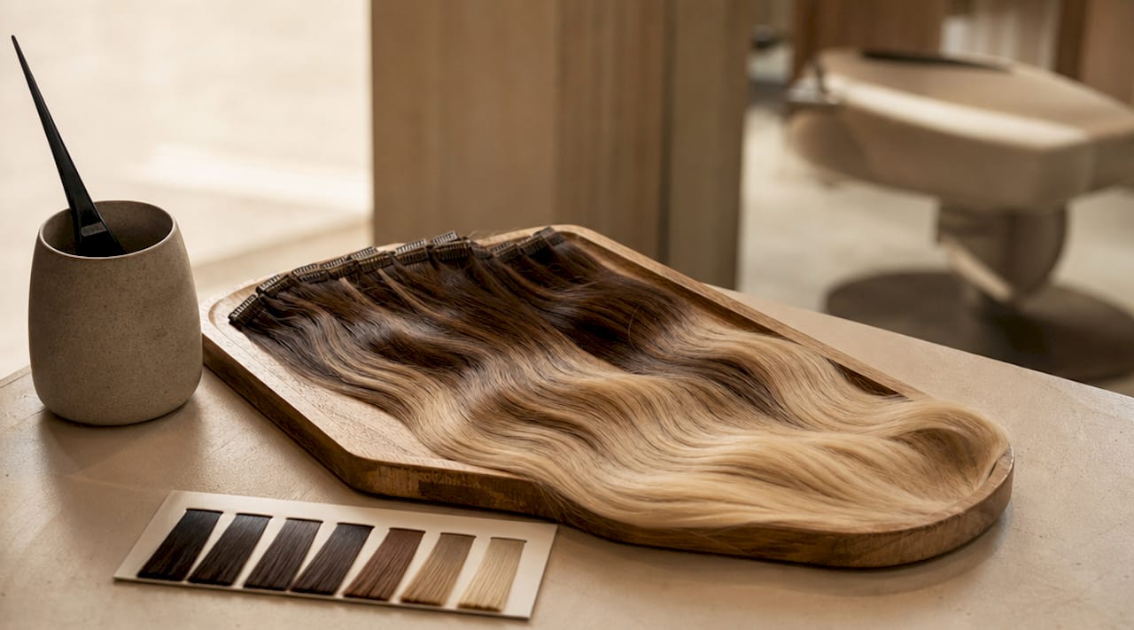 Hair extensions with dark to light root stretch color