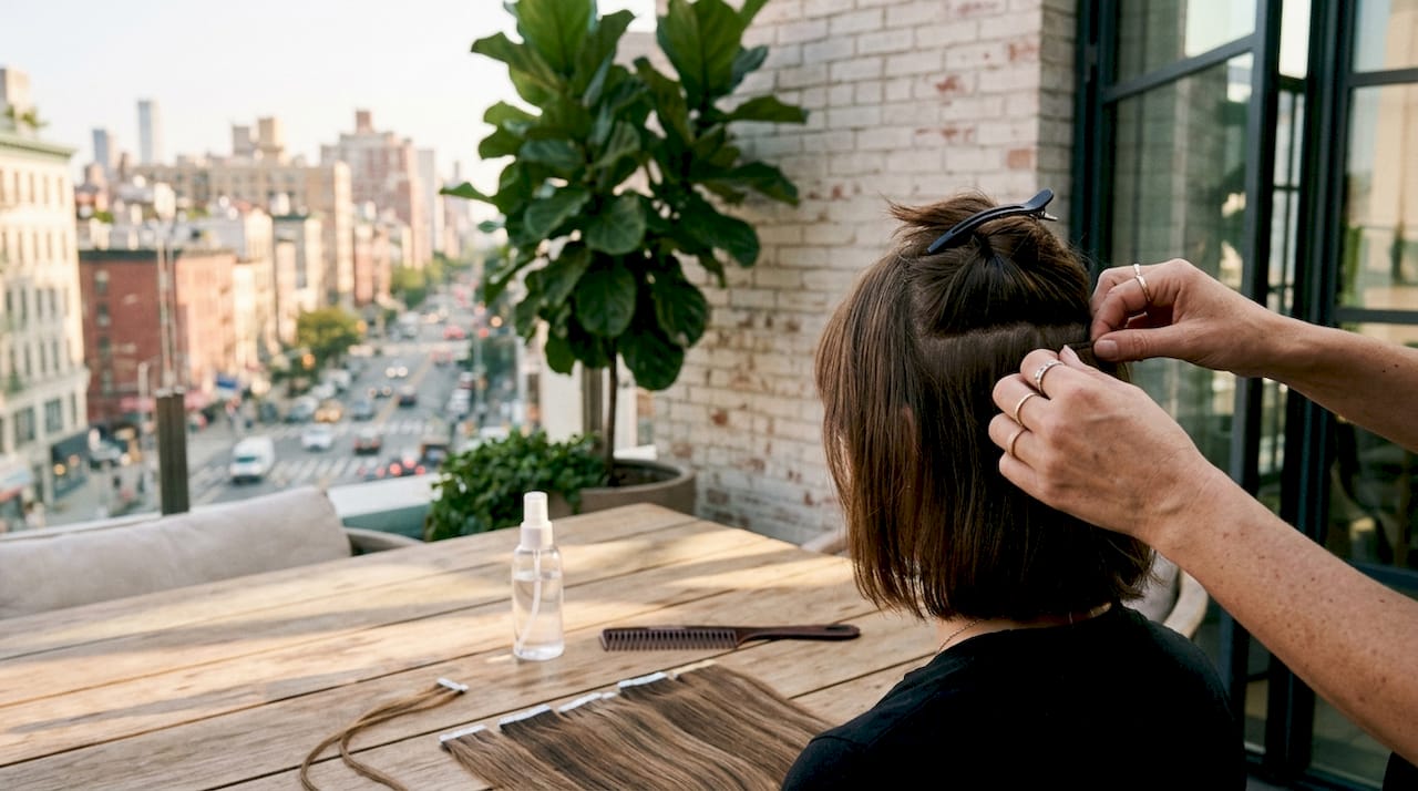 Stylist preparing short hair with extensions