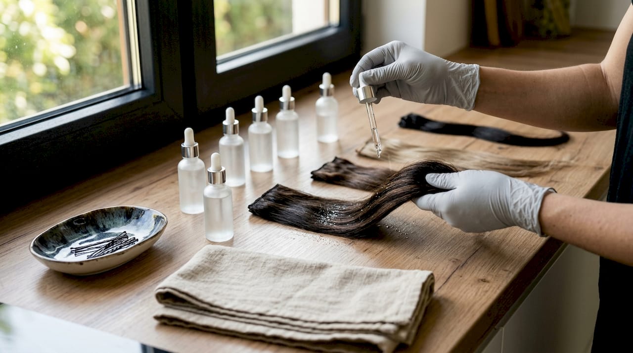 Hands applying serum on hair extensions close-up