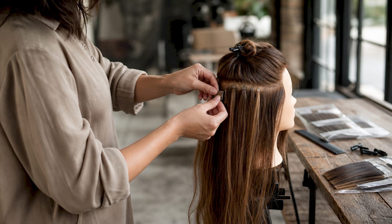 Hands applying invisible hair extensions on mannequin