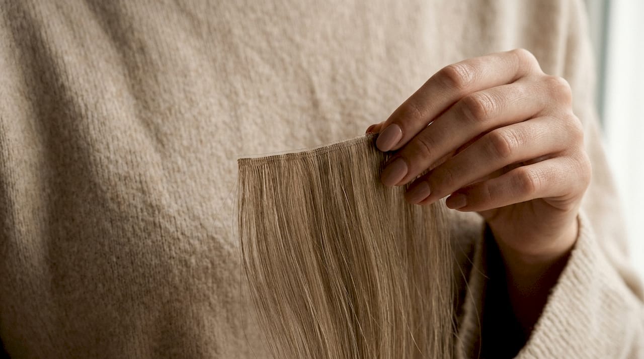 Close-up of seamless weft hair extension held by hand