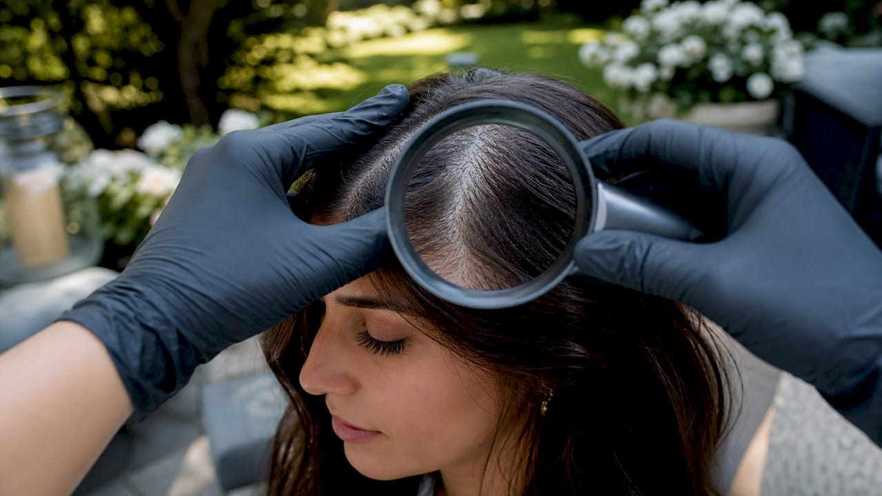 Close-up of scalp under magnifying lens