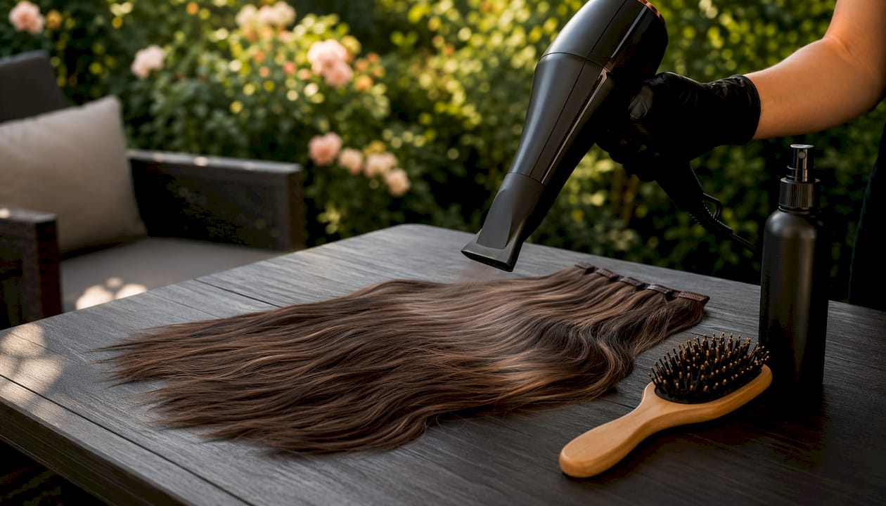 Close-up of blow drying natural hair extensions