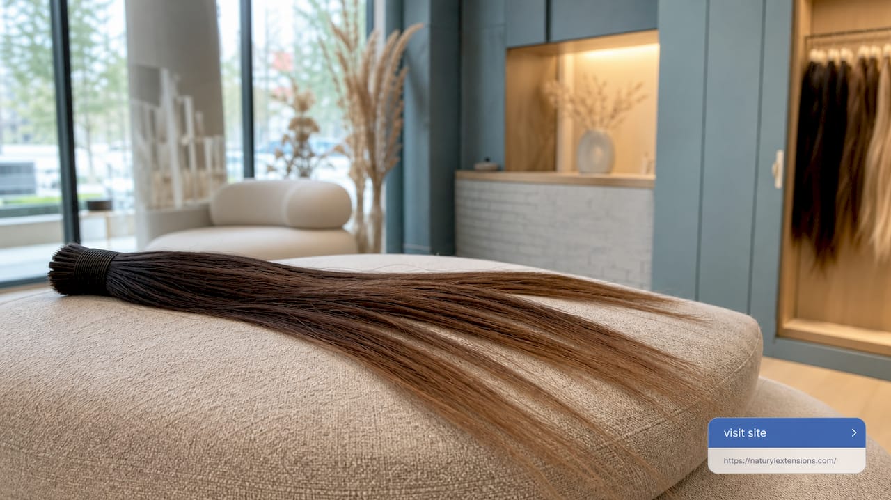 Close-up bundle of single drawn hair extensions on table