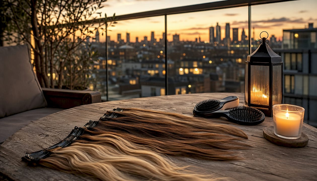 Clip-in hair extensions on bathroom table