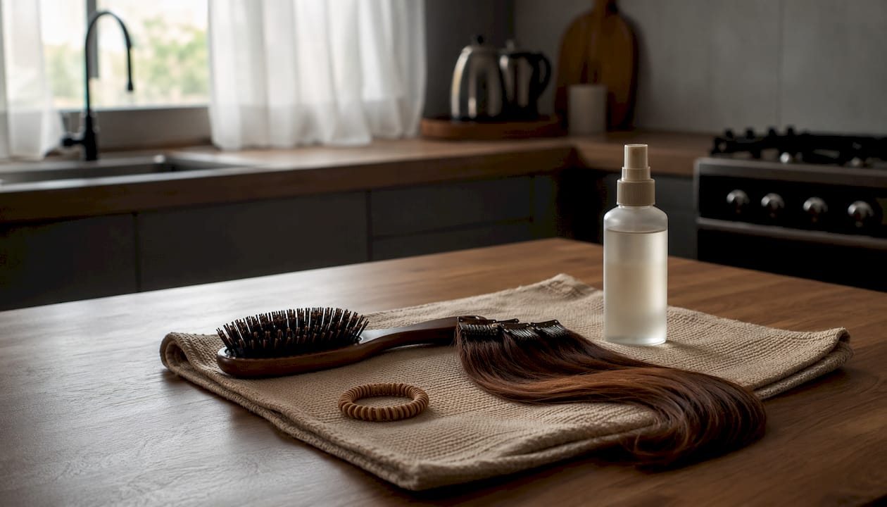 Styling tools for textured ponytail on vanity