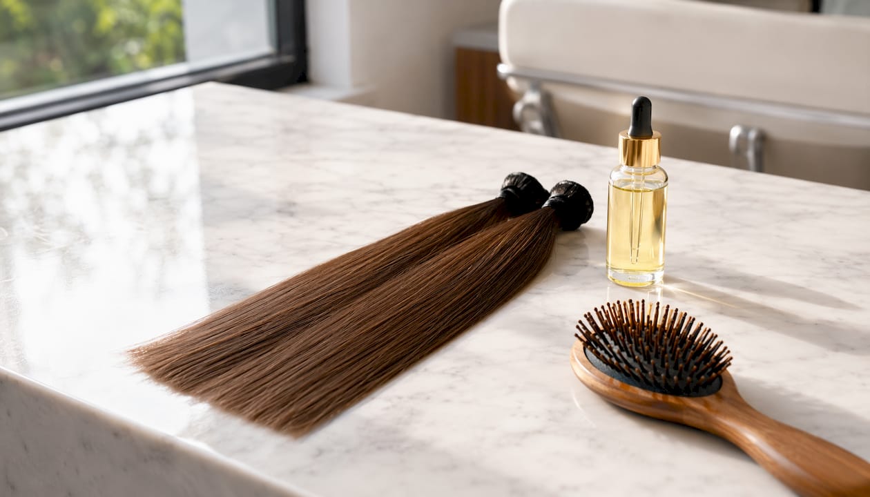 Close-up double drawn hair bundle on table