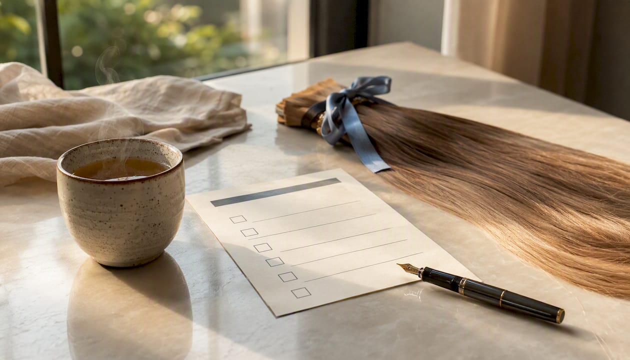 Checklist and Remy hair sample on wooden table