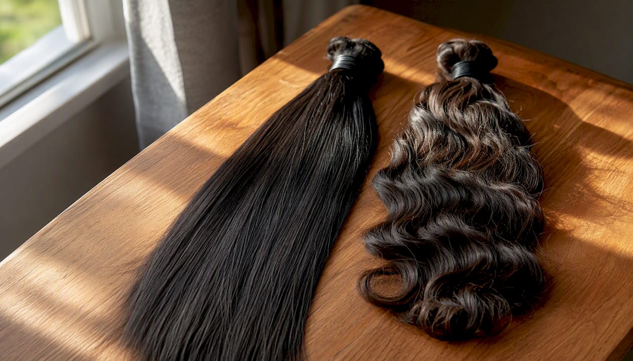 Close-up of Indian and Brazilian hair extensions side by side