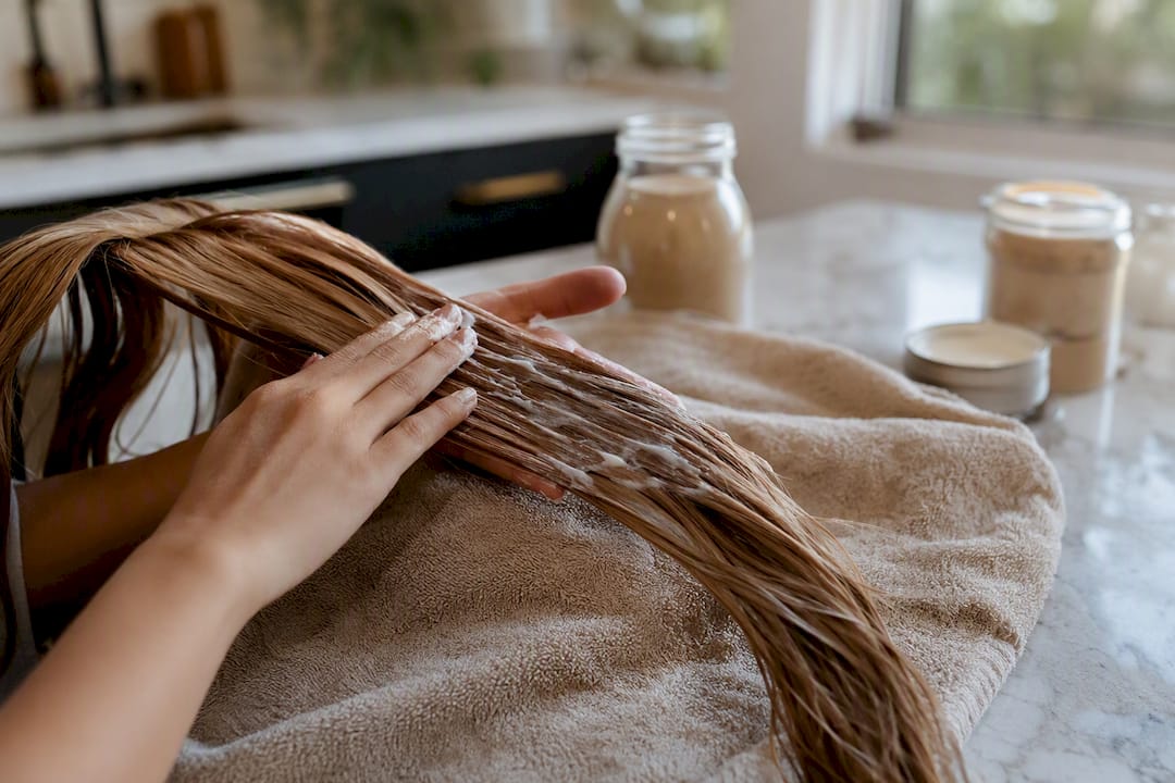 Hands applying hair mask to extensions