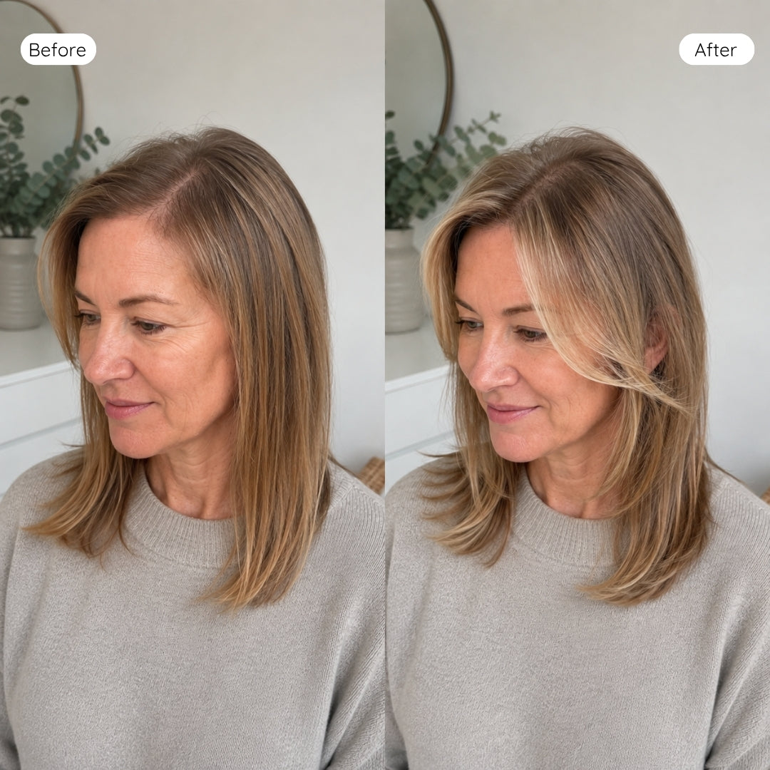 A side-by-side before and after comparison showing a woman with shoulder-length blonde hair. The left side is labeled &